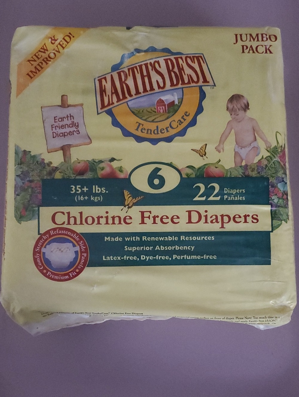 NEW - TWO 22 Pack Earth's Best TenderCare Chlorine-Free Diapers in Size 6